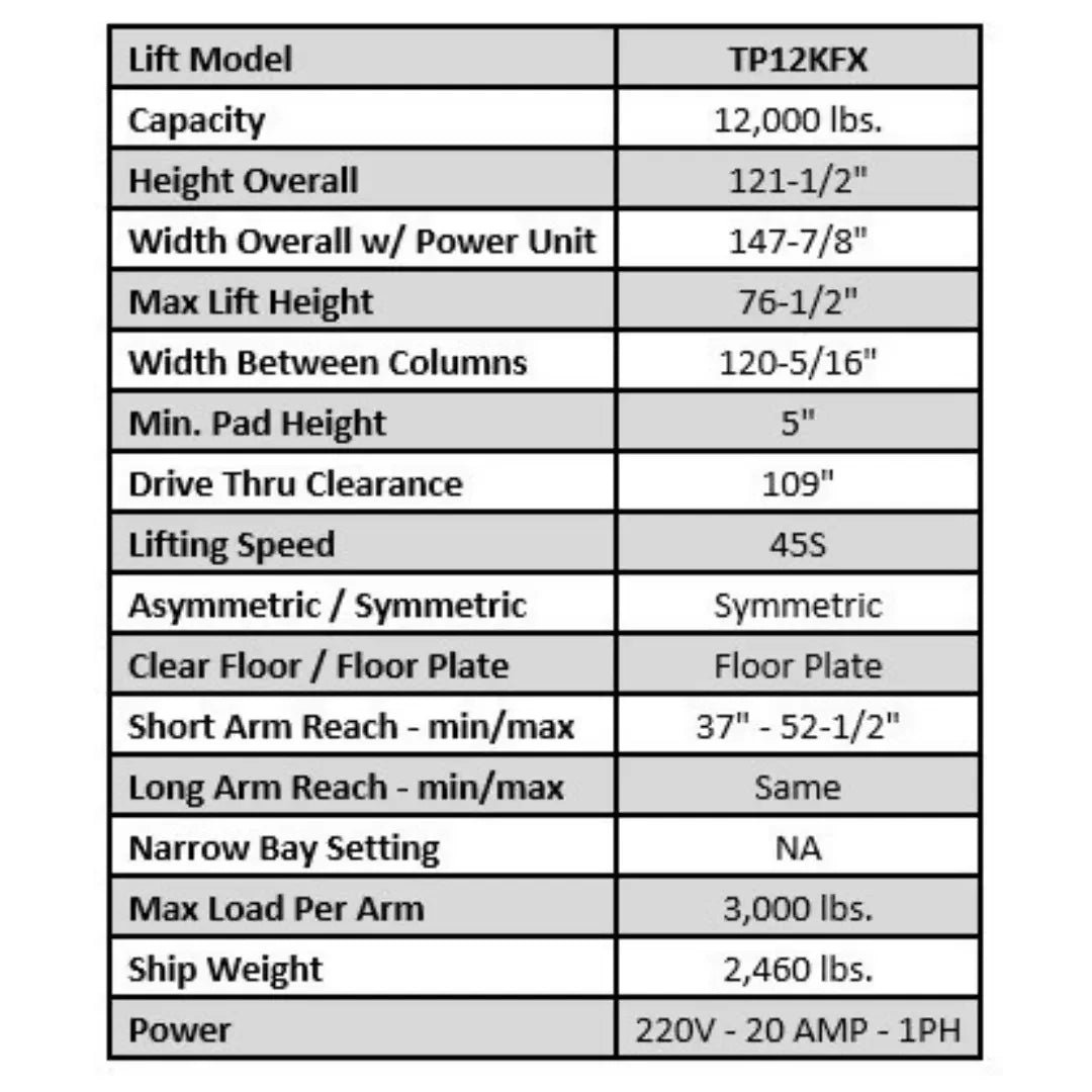 Tuxedo TP12KFX 12,000 lb 2 Post Floor Plate Lift - Image 13