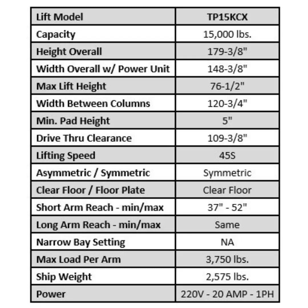 Tuxedo TP15KCX 15,000 lb Heavy Duty 2 Post Lift - Image 12