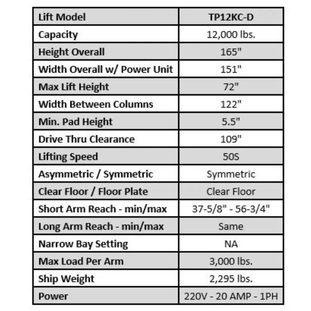 Tuxedo TP12KC-D 12,000 lb 2 Post Lift - Direct Drive - Image 16